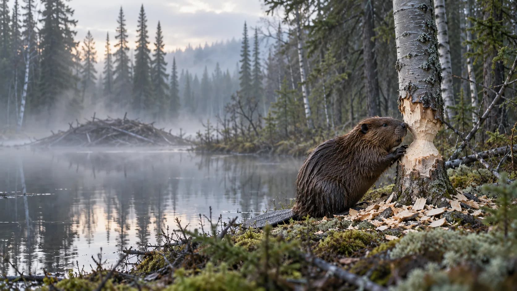 A beaver gnawing through an aspen trunk beside a boreal forest pond