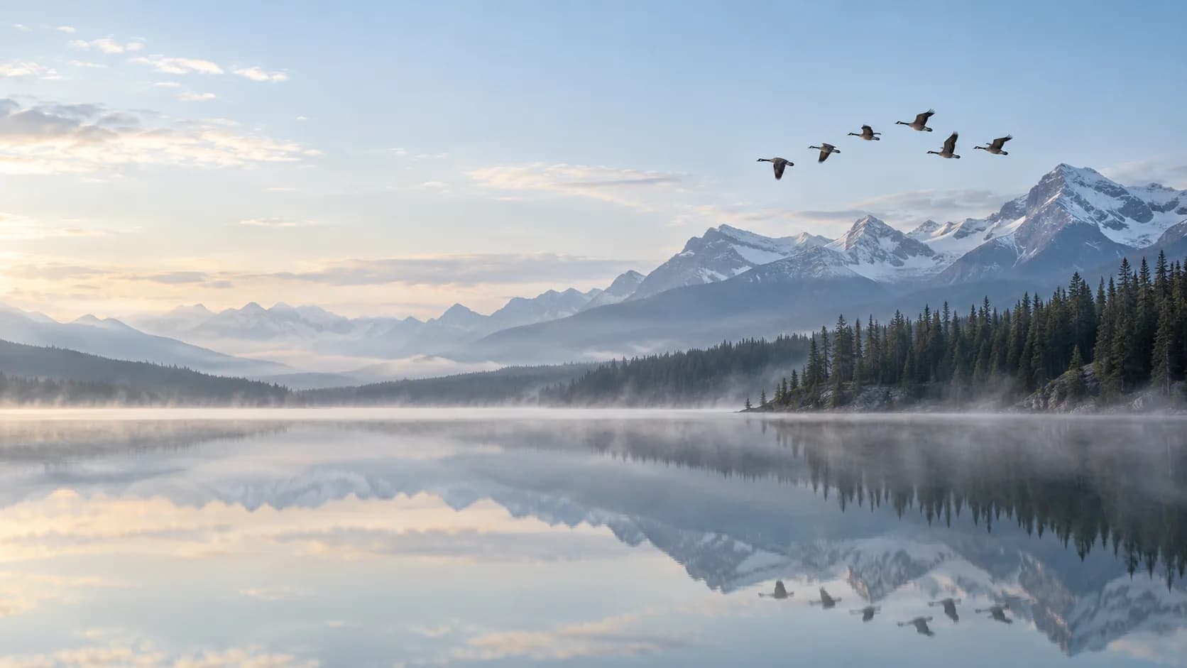 Canada geese flying low over a still mountain lake
