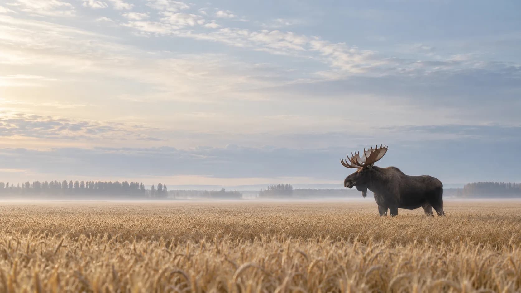 A bull moose standing in a golden prairie wheat field